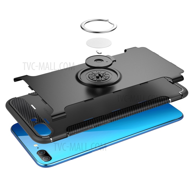 2-in-1 Carbon Fiber Texture TPU PC Hybrid Case with Magnetic Ring Holder for Huawei Honor 9 Lite / 9 Youth Edition - Black-7
