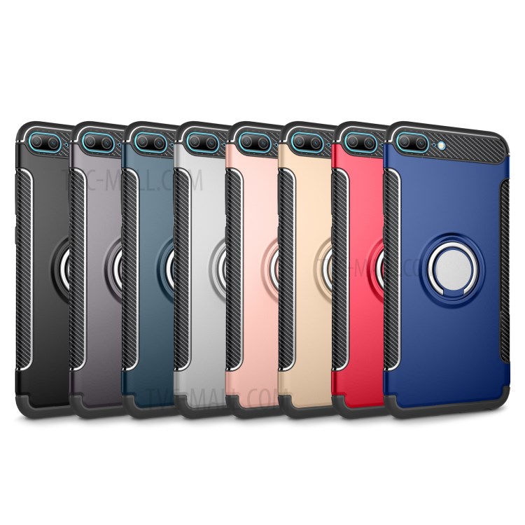2-in-1 Carbon Fiber Texture TPU PC Hybrid Case with Magnetic Ring Holder for Huawei Honor 9 Lite / 9 Youth Edition - Black-8