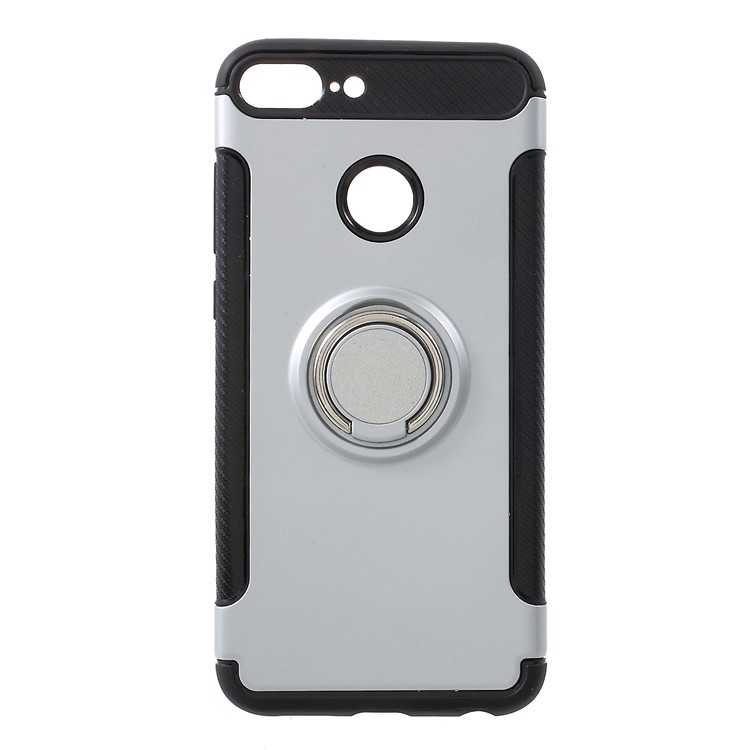 2-in-1 Carbon Fiber Texture TPU Plastic Cover with Magnetic Ring Holder for Huawei Honor 9 Lite / 9 Youth Edition - Slver-1