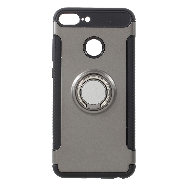 Carbon Fiber Texture TPU + PC Combo Shell with Magnetic Ring Holder for Huawei Honor 9 Lite / 9 Youth Edition - Grey-1