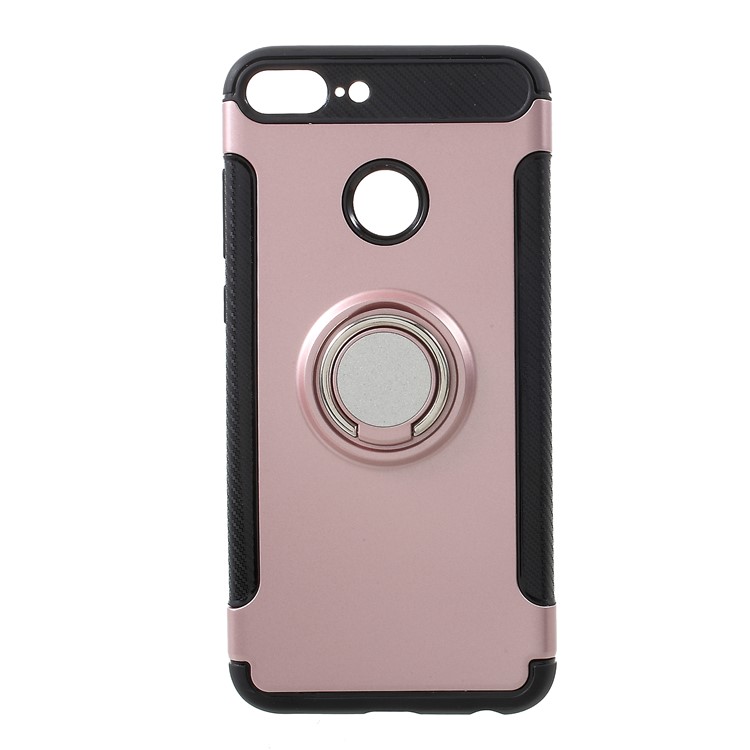 Carbon Fiber Texture TPU PC Mobile Case with Magnetic Ring Holder for Huawei Honor 9 Lite / 9 Youth Edition - Rose Gold-1