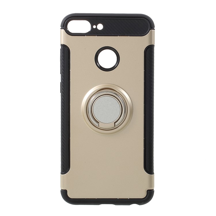 Carbon Fiber Texture TPU PC Phone Back Case with Magnetic Ring Holder for Huawei Honor 9 Lite / 9 Youth Edition - Gold-1