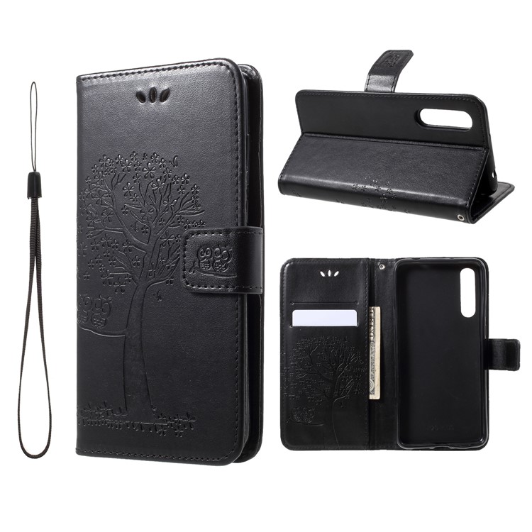Imprint Tree Owl Magnetic Wallet PU Leather Stand Cover for Huawei P20 Pro - Black-1