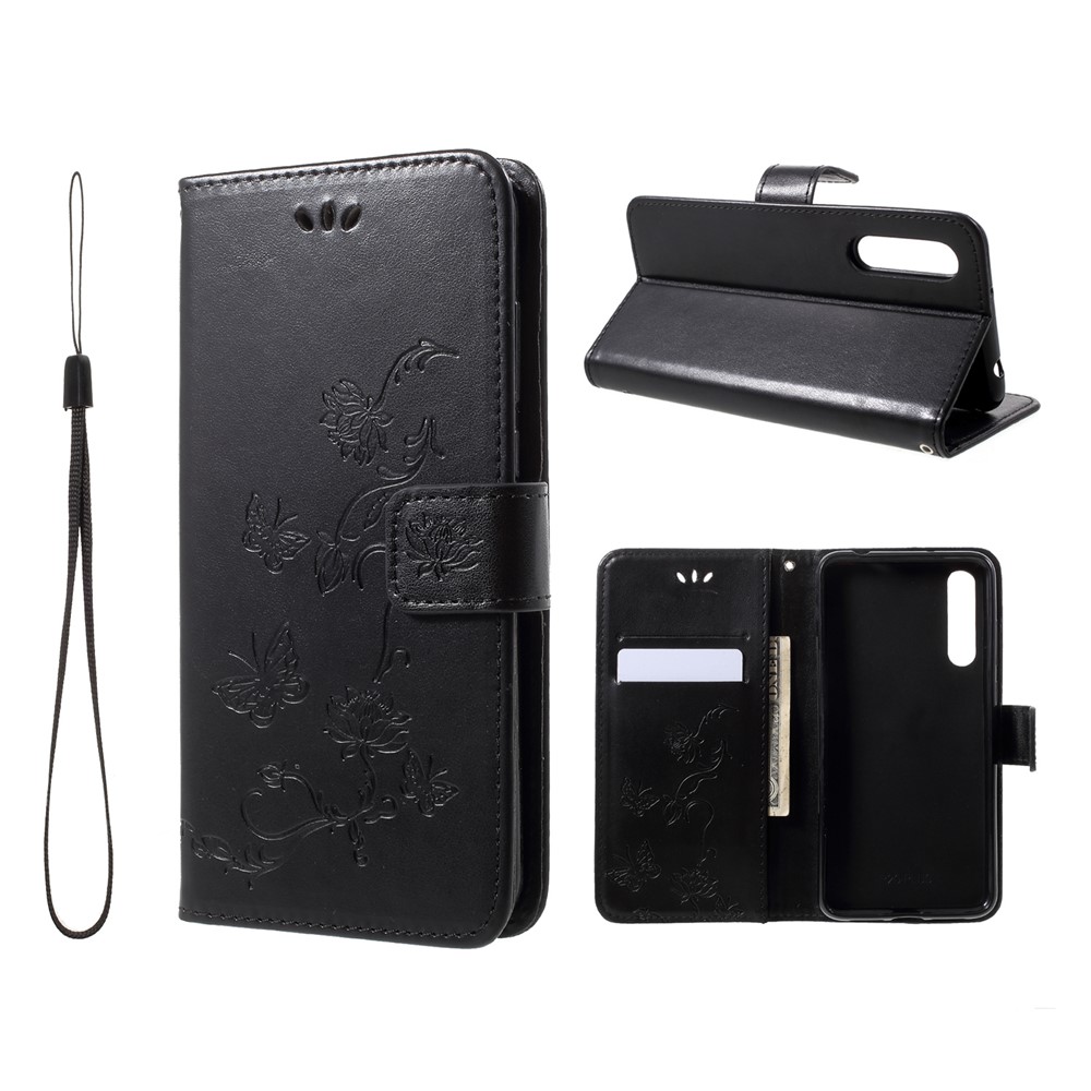 Imprint Butterfly Flower Wallet Stand Leather Case for Huawei P20 - Black