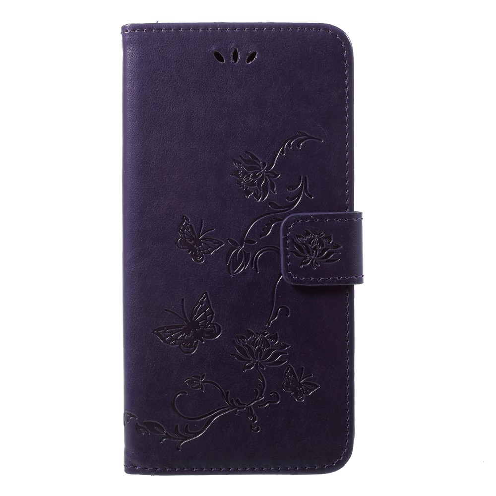 Imprint Butterfly Flower Wallet Stand Leather Mobile Casing for Huawei P20 - Dark Purple-1