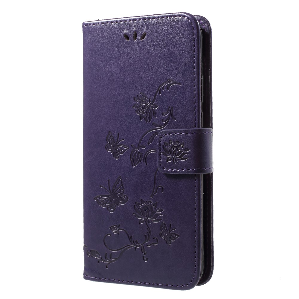 Imprint Butterfly Flower Wallet Stand Leather Mobile Casing for Huawei P20 - Dark Purple-3