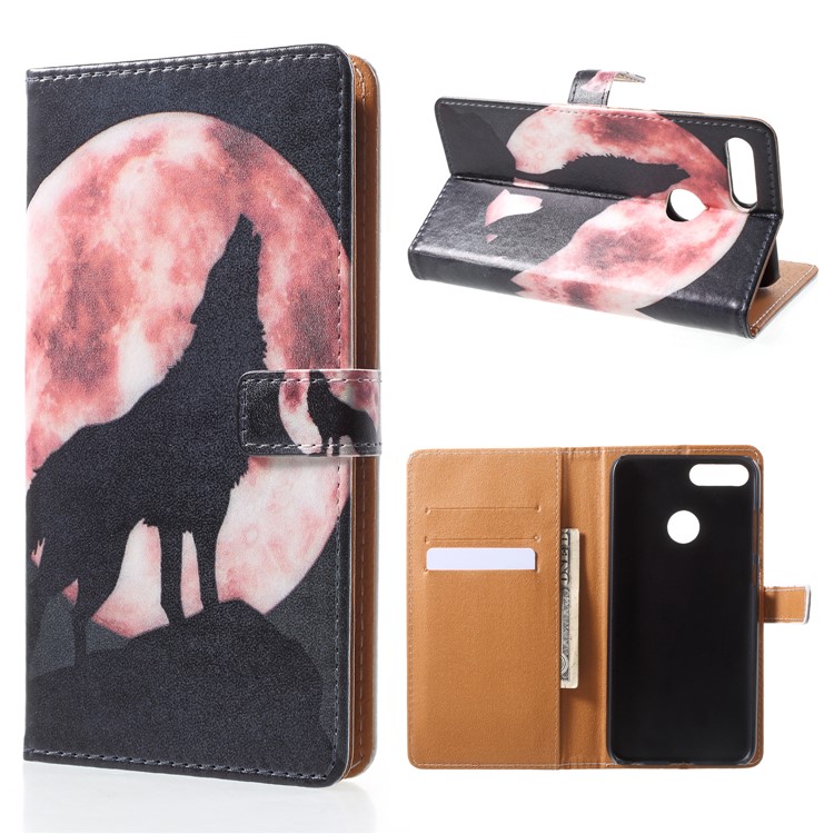 Pattern Printing PU Leather Wallet Stand Phone Case for Huawei Honor 9 Lite/9 Youth Edition - Wolf Howling at Full Moon Night-1