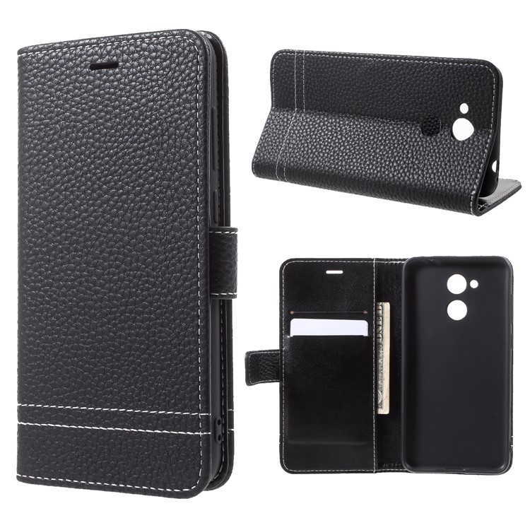Litchi Skin PU Leather Wallet Stand Case for Huawei Honor V9 Play - Black-1