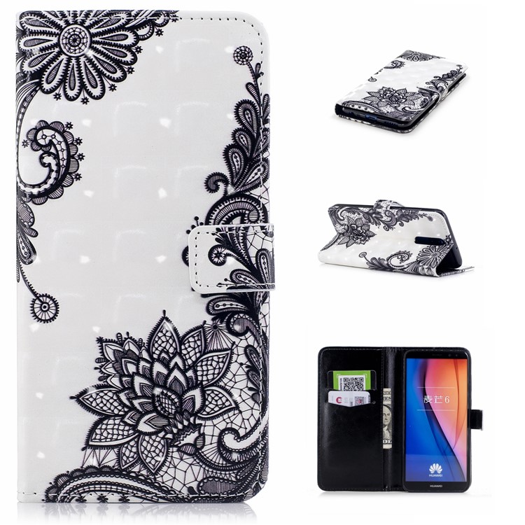 Pattern Printing Leather Wallet Cover Shell for Huawei Mate 10 Lite / Maimang 6 / nova 2i / Honor 9i (India) - Black Flowers-1
