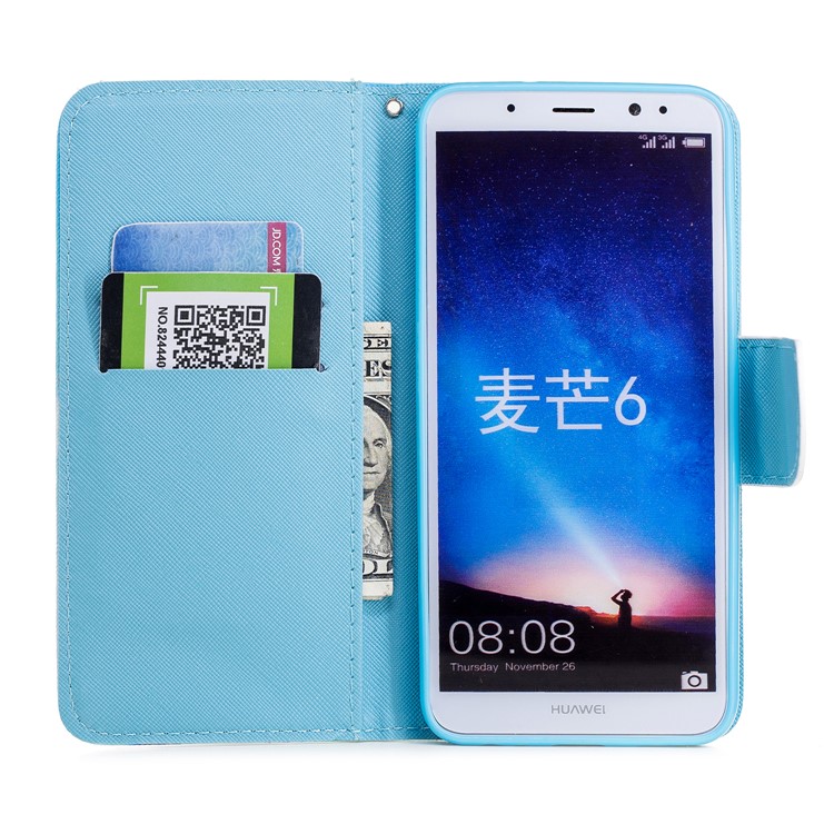 Pattern Printing Wallet Leather Case with Strap for Huawei Mate 10 Lite/nova 2i/Maimang 6/Honor 9i (India) - Blue Flower-7