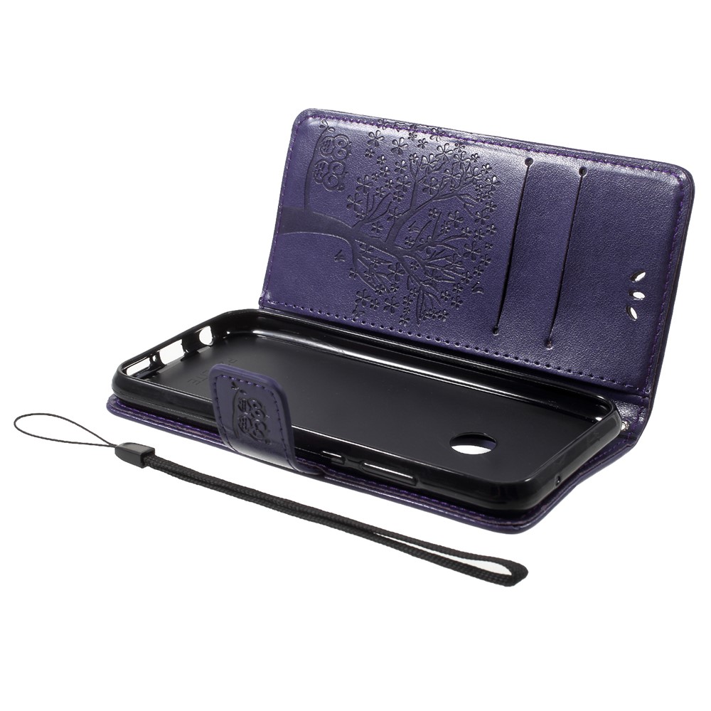 Empreinte Arbre Hibou Portefeuille Support en Cuir Boîtier Mobile Pour Huawei P20 Lite / Nova 3e - Violet Foncé