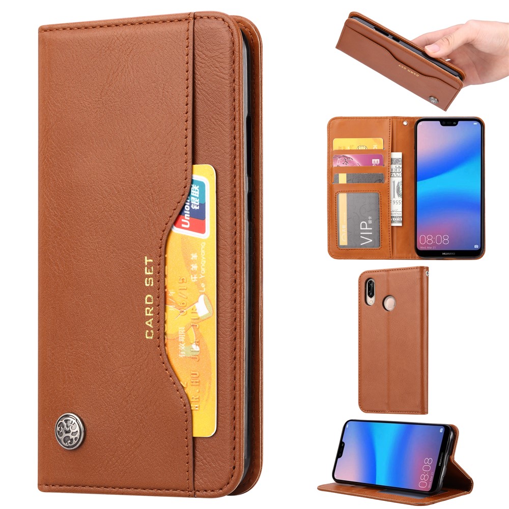 Auto-absorbed Leather Wallet Mobile Shell Case for Huawei P20 Lite / Nova 3e - Brown-1