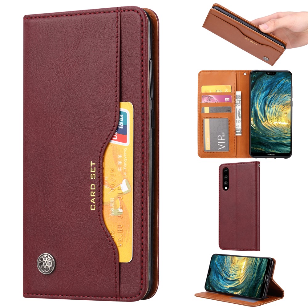 Estuche De Cuero Auto-absorbido Del Soporte De La Cartera De Cuero Para Huawei P20 - Vino Rojo-1