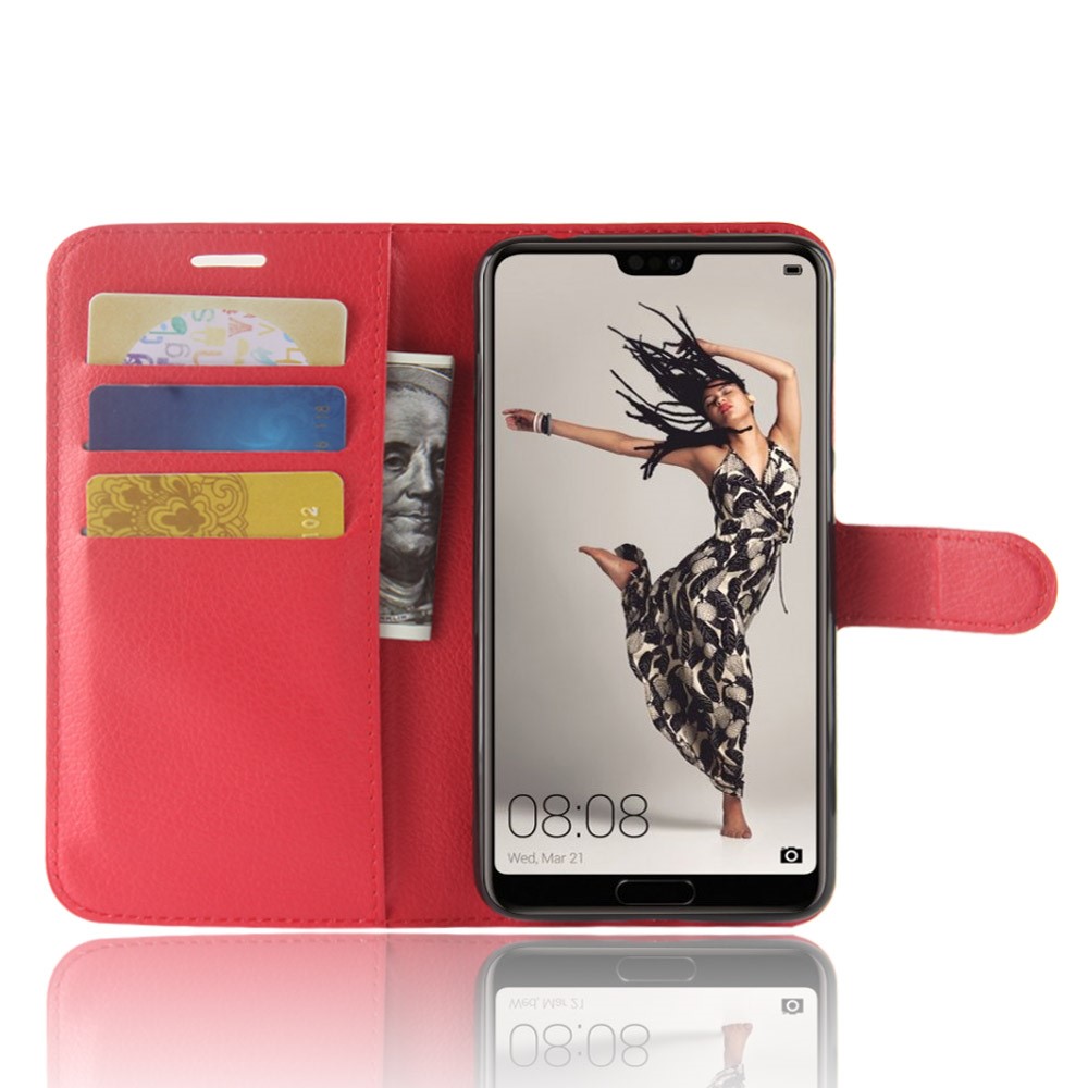 Litchi Texture Stand Portefeuille Support de Téléphone en Cuir Pour Huawei P20 Pro Accessoire de Téléphone Mobile - Rouge-4