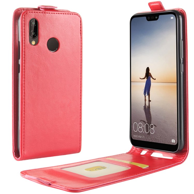 Crazy Horse Crazy Horse Vertical Leather Folio Case with Card Slot for Huawei P20 Lite / Nova 3e - Red-1