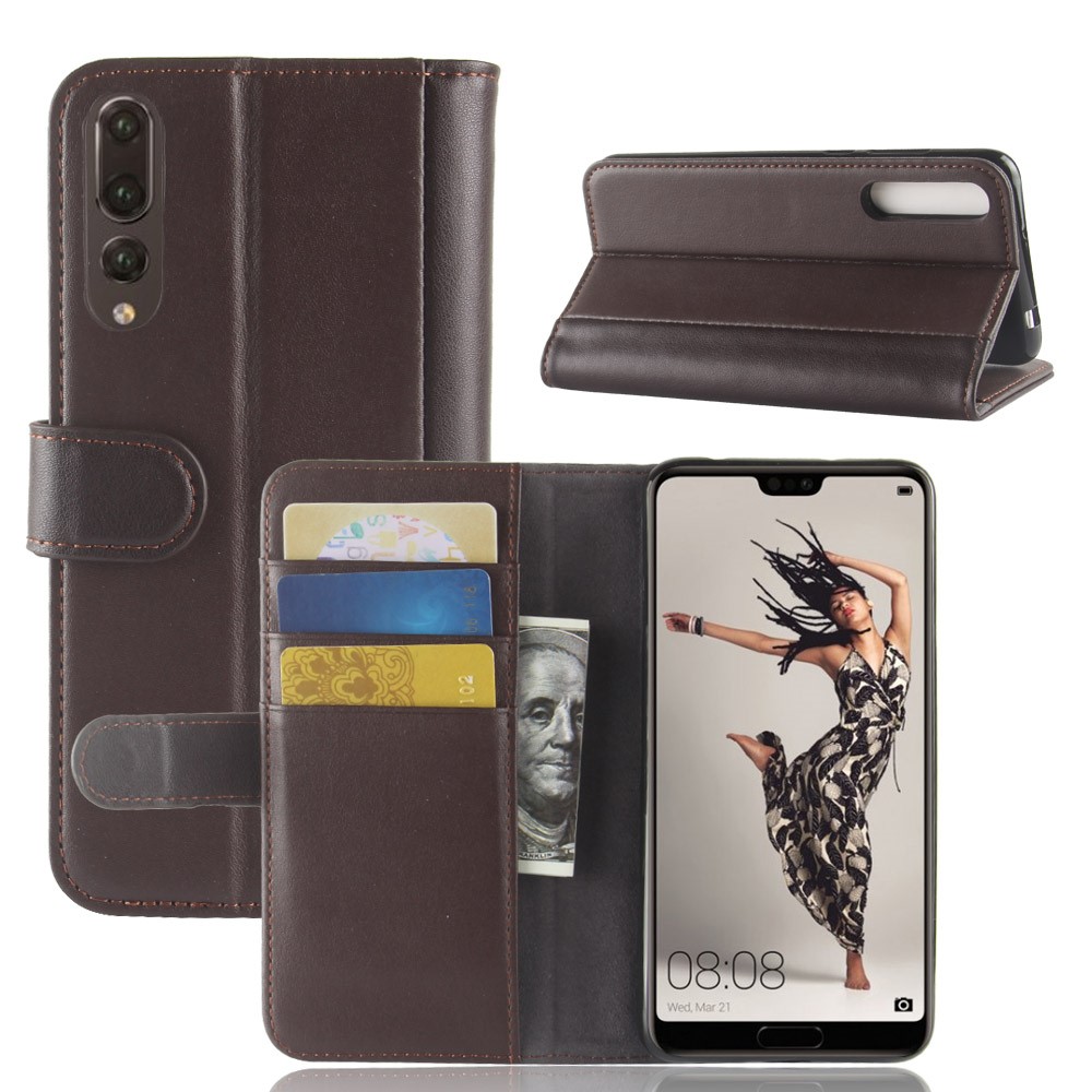 Genuine Split Leather Wallet Stand Phone Cover for Huawei P20 Pro - Brown-1