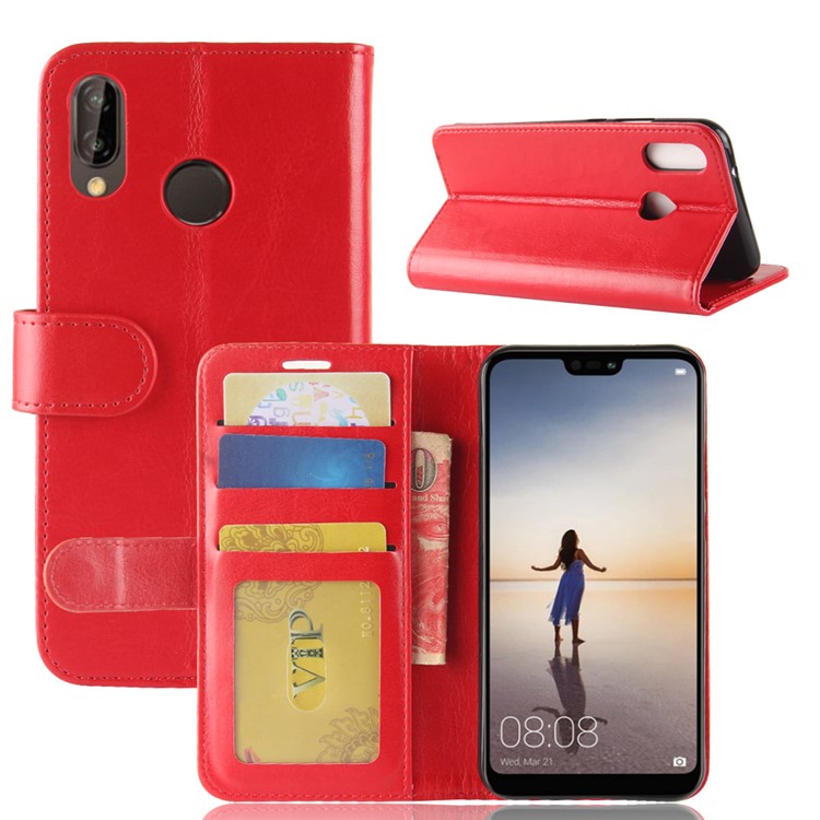 Crazy Horse Wallet Cuir Phone Case Pour Huawei P20 Lite / Nova 3e - Rouge-2