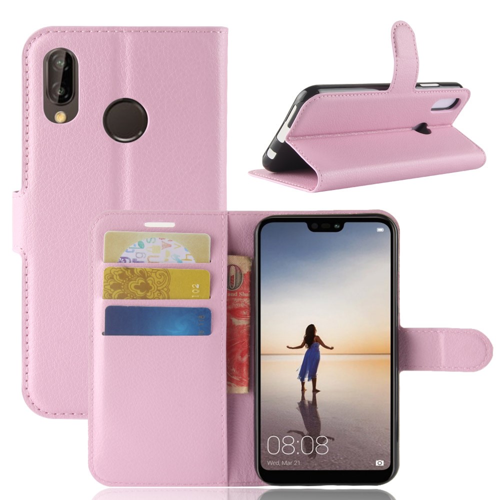 Litchi Texture Wallet Stand Leather Cell Phone Cover for Huawei P20 Lite / Nova 3e - Pink-1