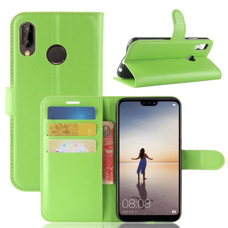 Litchi Texture Wallet Stand Leather Protective Shell for Huawei P20 Lite / Nova 3e - Green-1