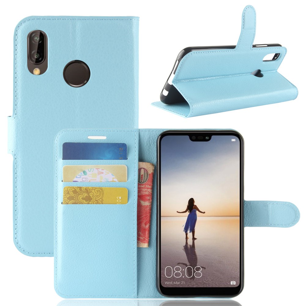 Litchi Texture Wallet Stand Leather Phone Accessory Case for Huawei P20 Lite / Nova 3e - Blue-1