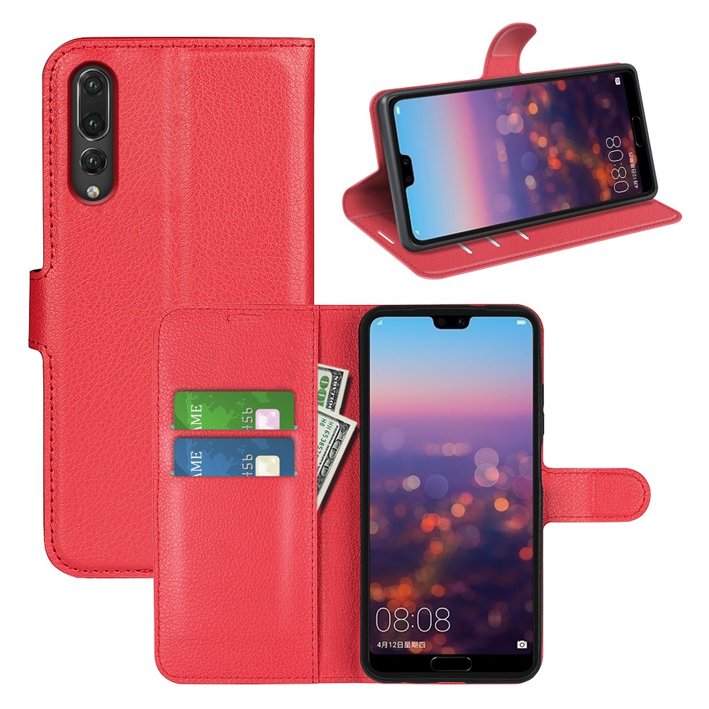 For Huawei P20 Litchi Texture Wallet Stand Leather Phone Casing - Red-5