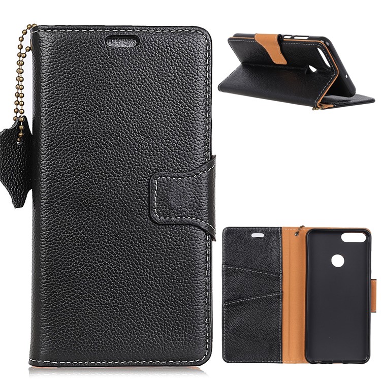 Litchi Grain Genuine Leather Wallet Stand Case for Huawei P Smart/Enjoy 7S - Black-1