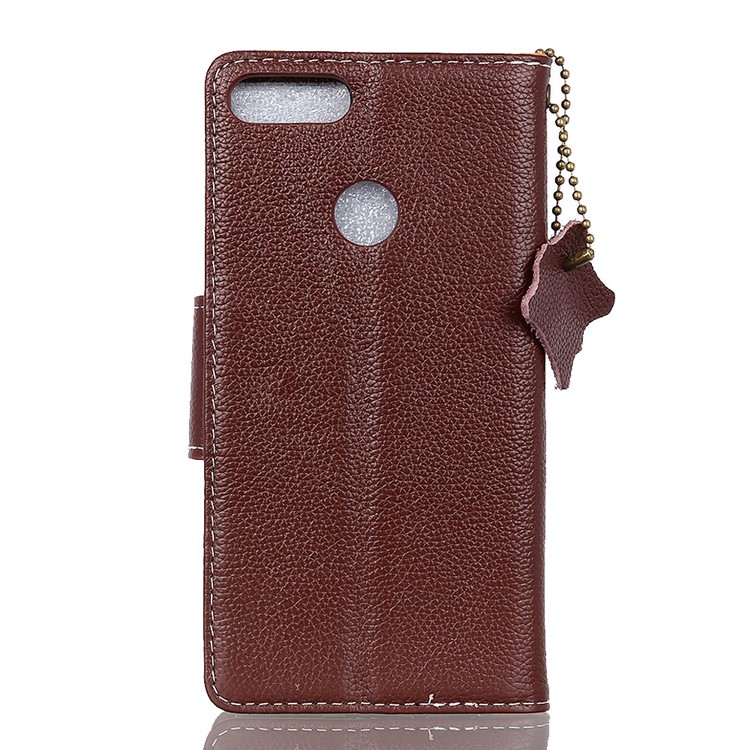 Litchi Grain Genuine Leather Wallet Stand Mobile Phone Case for Huawei P Smart/Enjoy 7S - Coffee-3