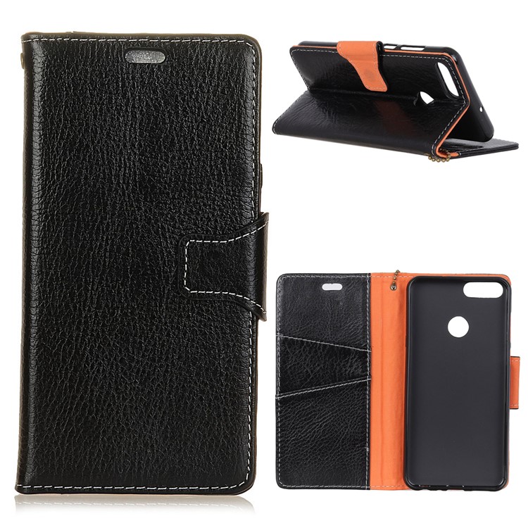 Genuine Leather Crazy Horse Flip Wallet Stand Cover for Huawei P Smart/Enjoy 7S - Black-1
