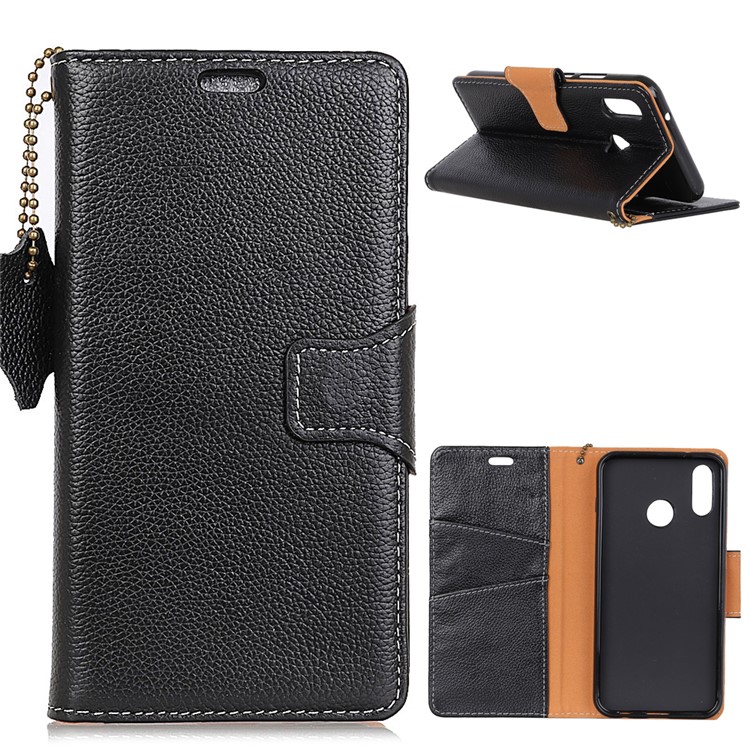 Litchi Grain Genuine Leather Wallet Stand Case for Huawei P20 Lite/Nova 3e - Black-1
