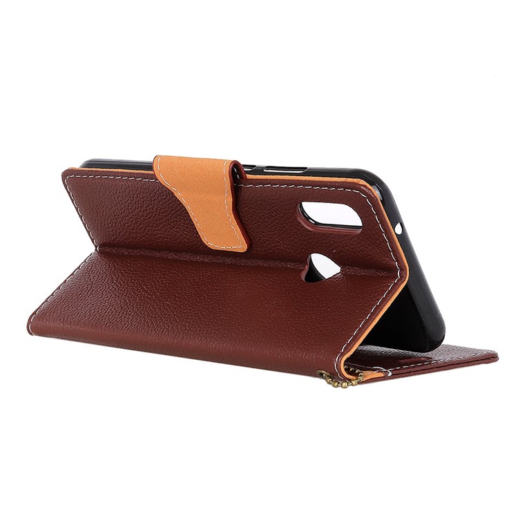 Litchi Grain Genuine Leather Wallet Stand Mobile Phone Case for Huawei P20 Lite/Nova 3e - Coffee-3