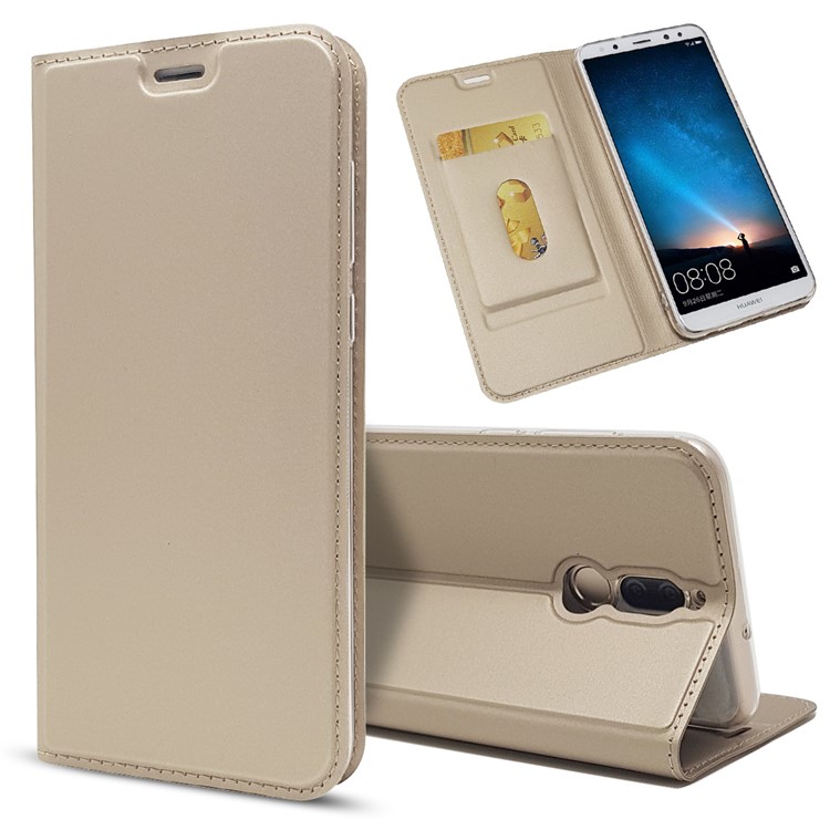 Auto-absorbed Stand Leather Card Holder Mobile Casing for Huawei Mate 10 Lite/nova 2i/Maimang 6/Honor 9i (India) - Gold-1