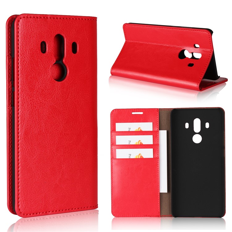 Crazy Horse Genuine Leather Wallet Cover for Huawei Mate 10 Pro - Red-1