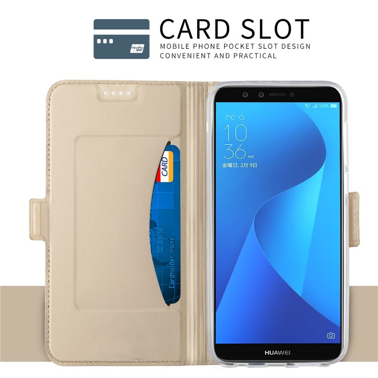 Auto-absorbed Card Holder Stand Leather Smart Phone Case for Huawei Y7 Prime (2018) / Honor 7C / Enjoy 8 - Gold-7