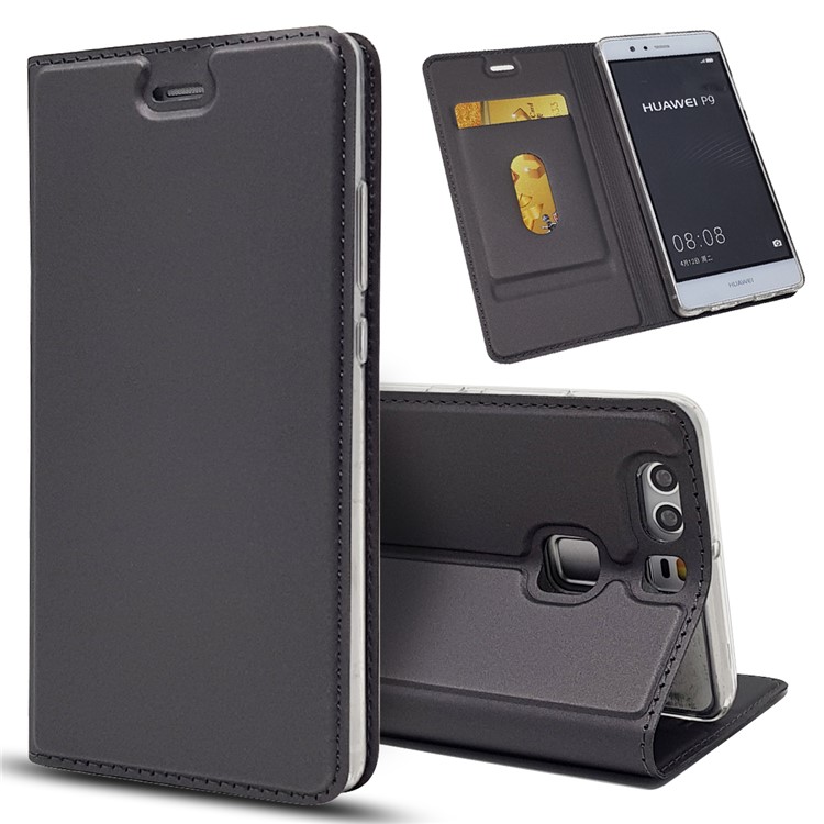 For Huawei P9 Magnetic Attraction Card Holder PU Leather Stand Case - Black-1