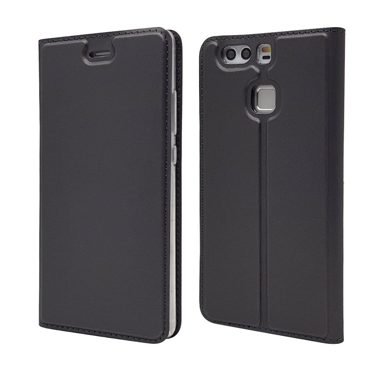 For Huawei P9 Magnetic Attraction Card Holder PU Leather Stand Case - Black-3