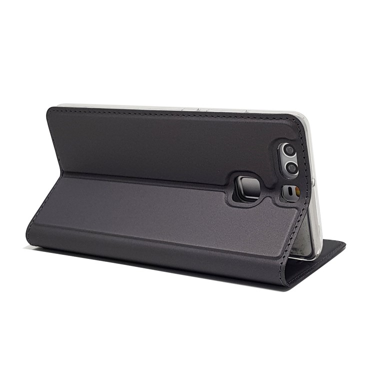 For Huawei P9 Magnetic Attraction Card Holder PU Leather Stand Case - Black-8