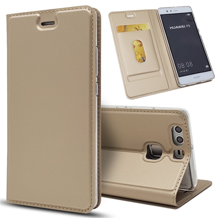 For Huawei P9 Magnetic Attraction Card Holder PU Leather Stand Flip Case - Gold-1