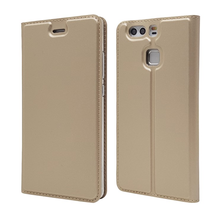 For Huawei P9 Magnetic Attraction Card Holder PU Leather Stand Flip Case - Gold-3