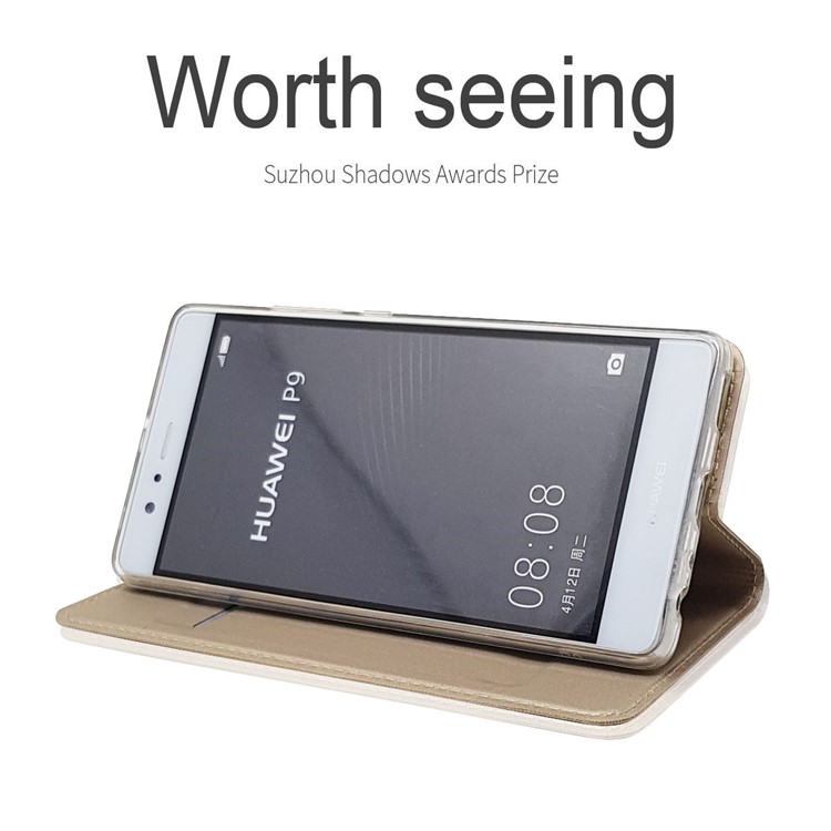 For Huawei P9 Magnetic Attraction Card Holder PU Leather Stand Flip Case - Gold-4