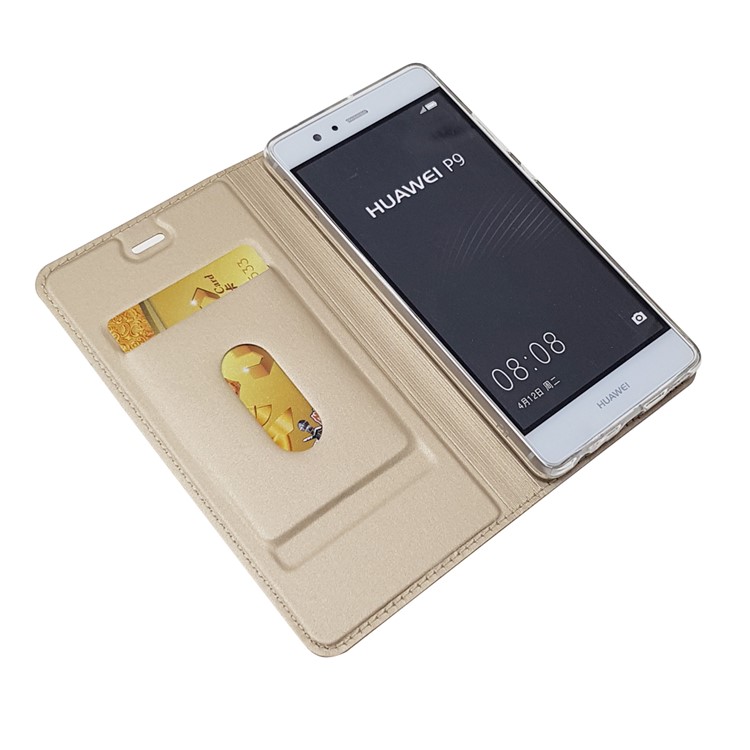 For Huawei P9 Magnetic Attraction Card Holder PU Leather Stand Flip Case - Gold-7