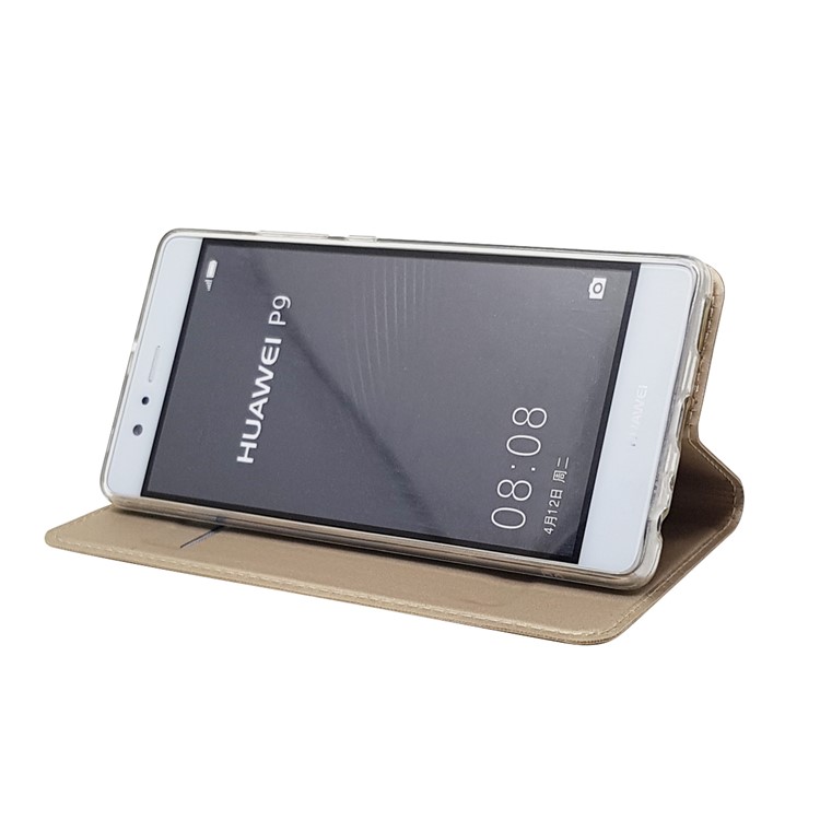 For Huawei P9 Magnetic Attraction Card Holder PU Leather Stand Flip Case - Gold-9