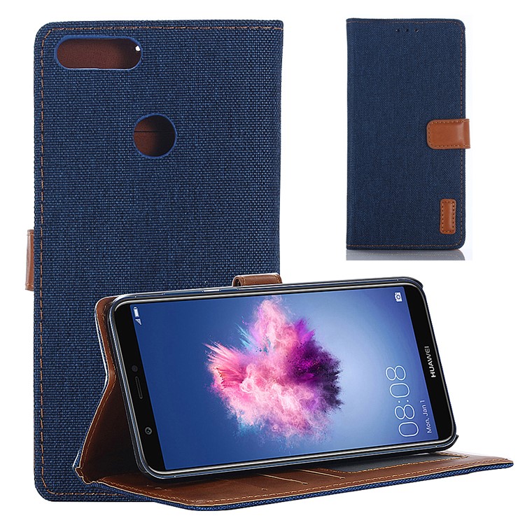 Jeans Cloth Leather Wallet Case for Huawei P Smart / Enjoy 7S - Dark Blue-1