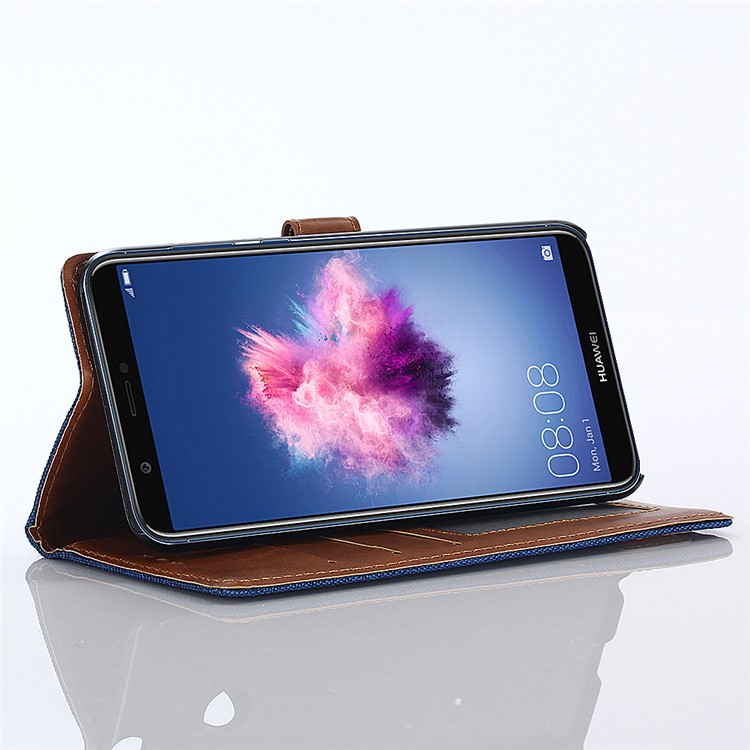 Jeans Cloth Leather Wallet Case for Huawei P Smart / Enjoy 7S - Dark Blue-8