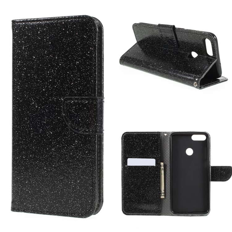 Flash Powder Wallet Stand Leather Case for Huawei P Smart / Enjoy 7S - Black-1