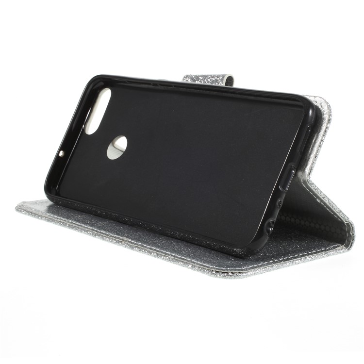Flash Powder Wallet Stand Leather Shell for Huawei P Smart / Enjoy 7S - Silver-4