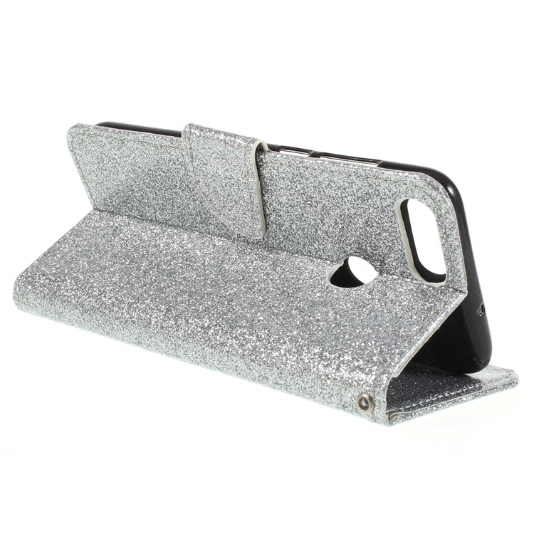 Flash Powder Wallet Stand Leather Shell for Huawei P Smart / Enjoy 7S - Silver-5