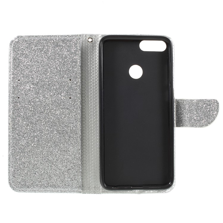 Flash Powder Wallet Stand Leather Shell for Huawei P Smart / Enjoy 7S - Silver-6