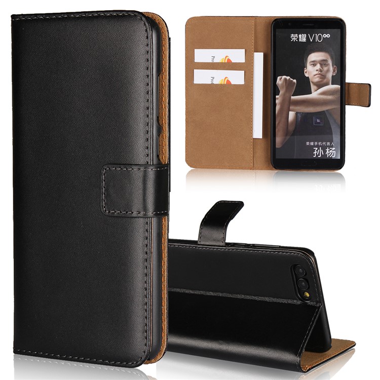 Split Leather Wallet Stand Cell Phone Cover for Huawei Honor V10 / View 10 - Black-2