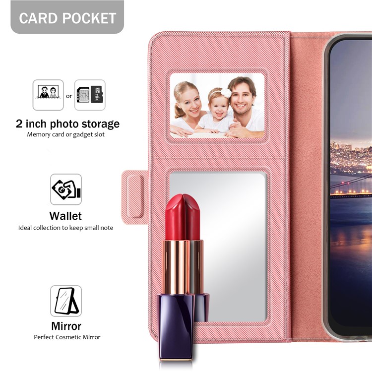 For Huawei P20 Lite/Nova 3e Leather Wallet Stand Mobile Cover with Card Holder and Makeup Mirror - Rose Gold-5