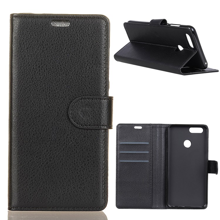 Litchi Skin Wallet Stand Leather Mobile Phone Case for Huawei HY7 Prime (2018) / Honor 7C / Enjoy 8 - Black-1